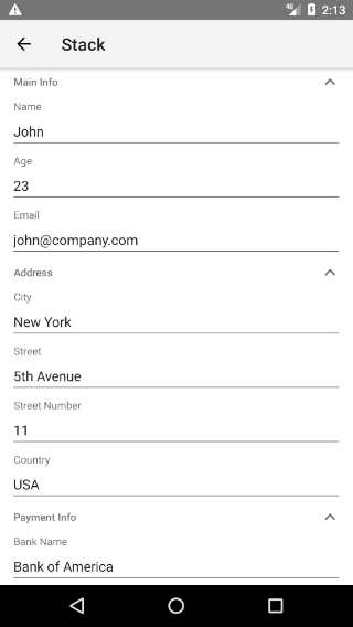 NativeScriptUI-DataForm-Stack-Layout-Android