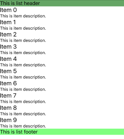 RadListView header and footer on iOS